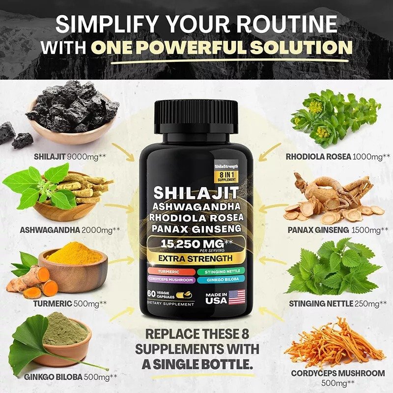 Shilajit Pure Himalayan 9000MG Energy Booster Ashwagandha 2000MG Uk 60 Caps